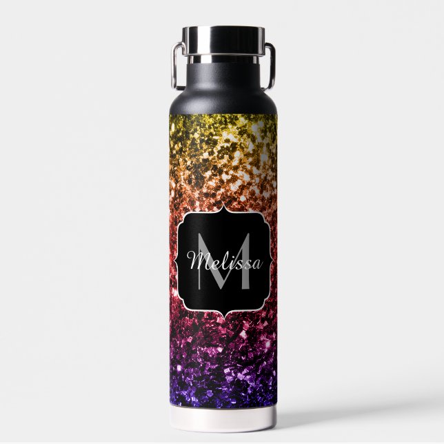 Rainbow faux glitter sparkles colourful Monogram Water Bottle (Front)