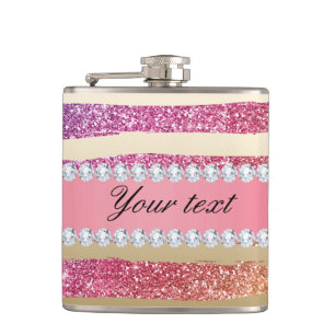 Rainbow Faux Glitter Stripes Diamonds Gold Hip Flask