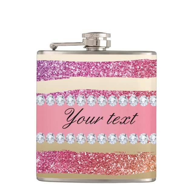 Rainbow Faux Glitter Stripes Diamonds Gold Hip Flask (Front)