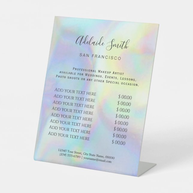 rainbow FAUX holographic style price list Pedestal Sign (Front)