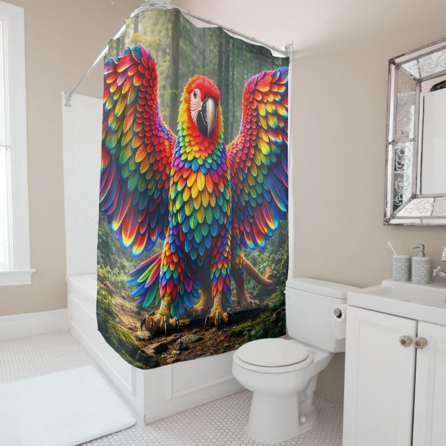 Rainbow feather macaw parrot shower curtain vibran (In Situ)