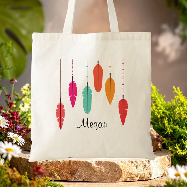 Rainbow Feather Pink & Orange Boho Monogrammed  Tote Bag (Creator Uploaded)