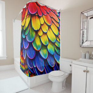 Rainbow feather scales vibrant shower curtain bold