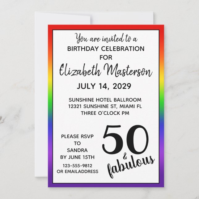 Rainbow Fifty and Fabulous 50th Birthday Party Invitation (Front)