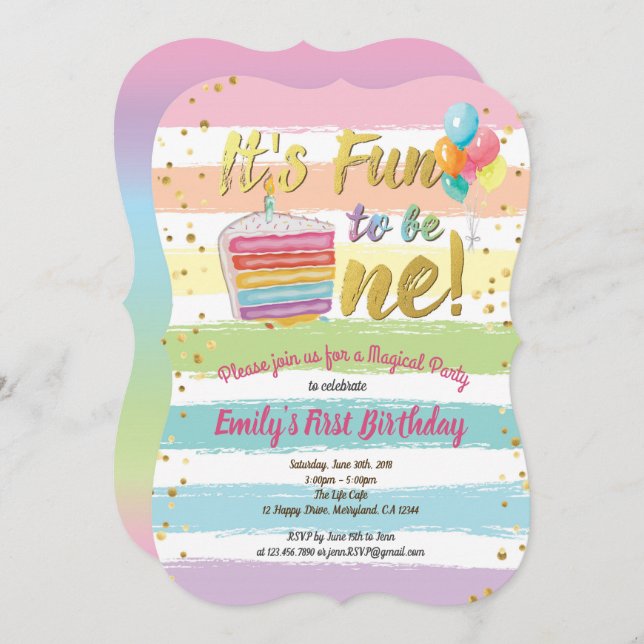 Rainbow first 1st birthday party cake balloon invitation (Front/Back)