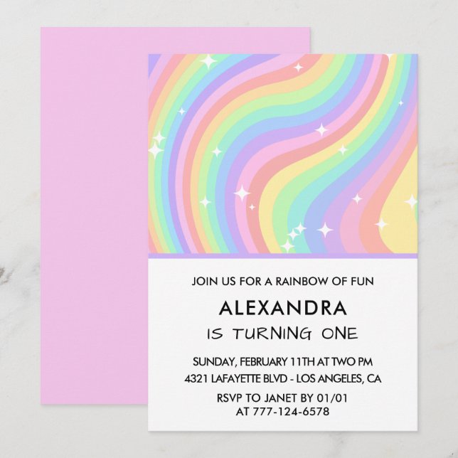 Rainbow First Birthday Modern Girl Invitation (Front/Back)