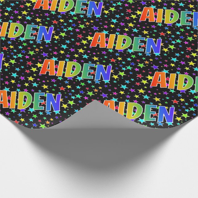 Rainbow First Name "AIDEN" + Stars Wrapping Paper (Corner)