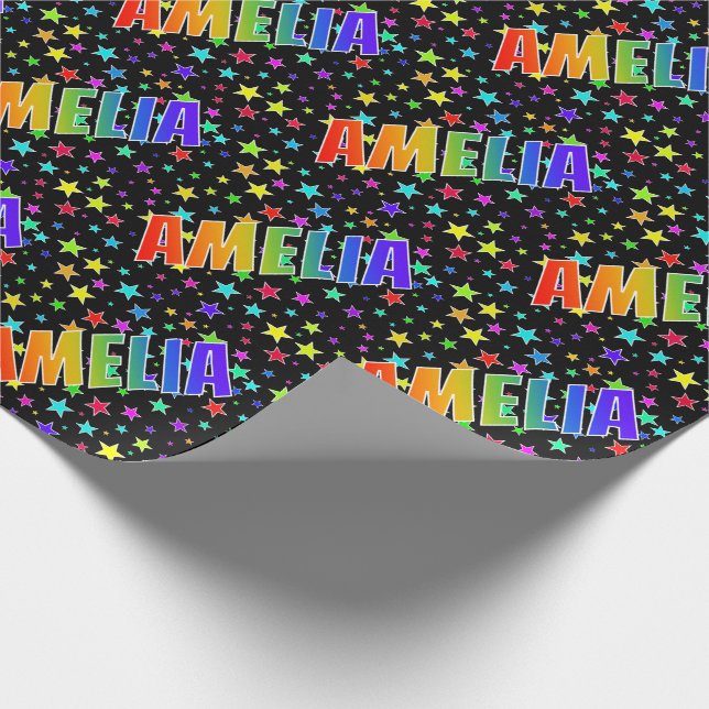 Rainbow First Name "AMELIA" + Stars Wrapping Paper (Corner)