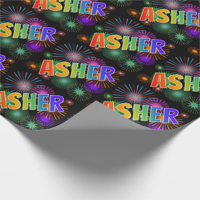 Rainbow First Name "ASHER" + Fireworks Wrapping Paper (Corner)