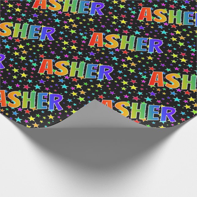 Rainbow First Name "ASHER" + Stars Wrapping Paper (Corner)