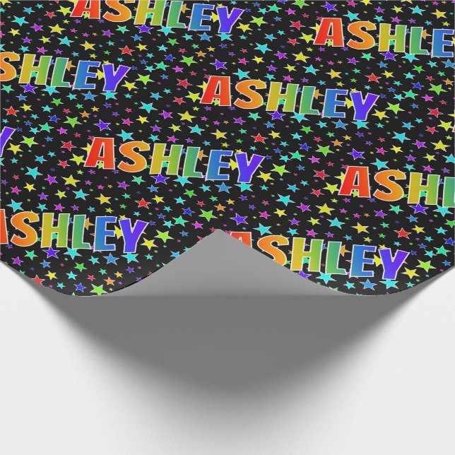 Rainbow First Name "ASHLEY" + Stars Wrapping Paper (Corner)