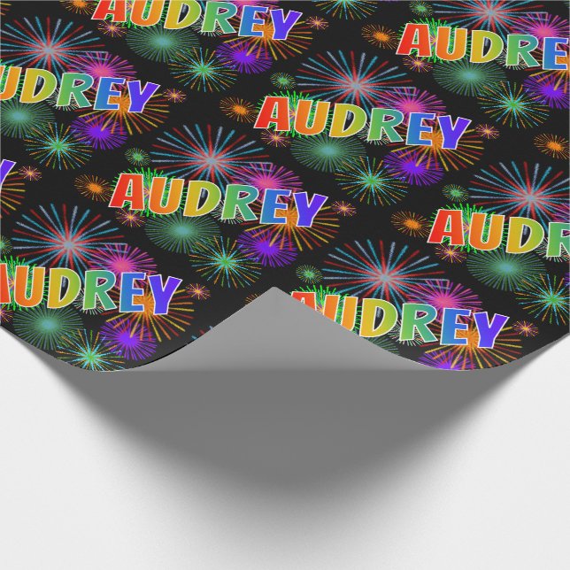 Rainbow First Name "AUDREY" + Fireworks Wrapping Paper (Corner)