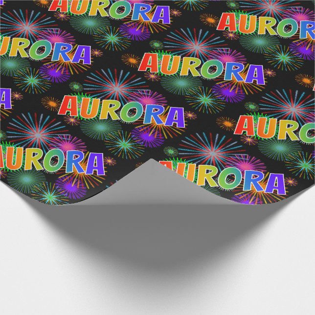 Rainbow First Name "AURORA" + Fireworks Wrapping Paper (Corner)