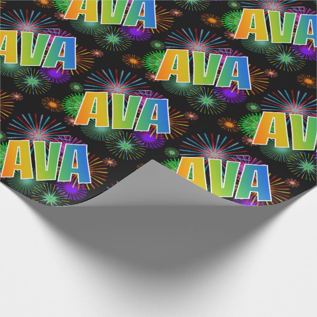 Rainbow First Name "AVA" + Fireworks Wrapping Paper (Corner)