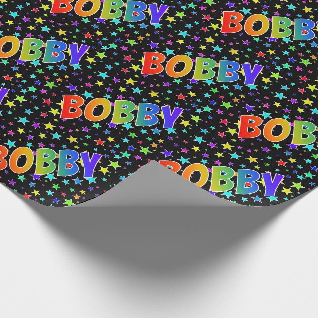 Rainbow First Name "BOBBY" + Stars Wrapping Paper (Corner)