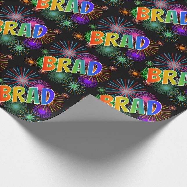 Rainbow First Name "BRAD" + Fireworks Wrapping Paper (Corner)