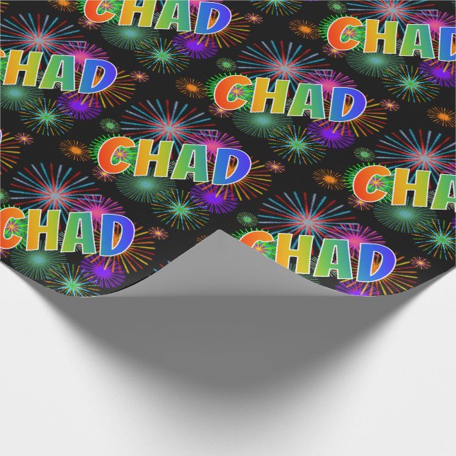 Rainbow First Name "CHAD" + Fireworks Wrapping Paper (Corner)