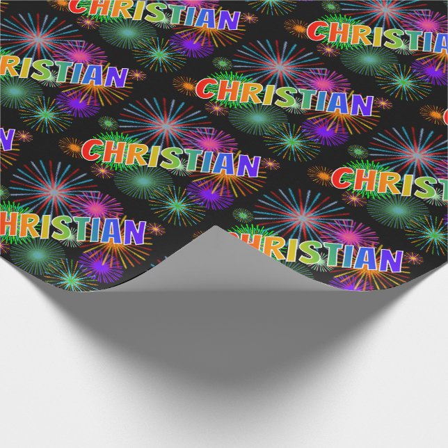 Rainbow First Name "CHRISTIAN" + Fireworks Wrapping Paper (Corner)