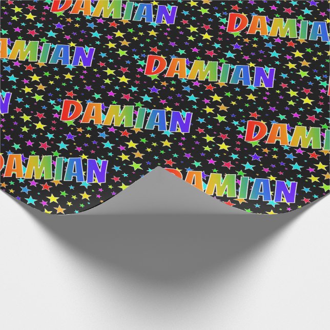 Rainbow First Name "DAMIAN" + Stars Wrapping Paper (Corner)