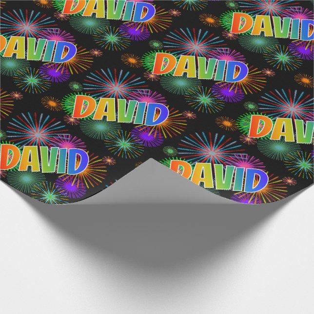 Rainbow First Name "DAVID" + Fireworks Wrapping Paper (Corner)