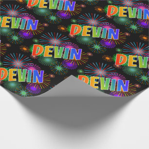 Rainbow First Name "DEVIN" + Fireworks Wrapping Paper