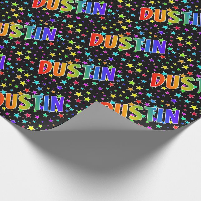 Rainbow First Name "DUSTIN" + Stars Wrapping Paper (Corner)
