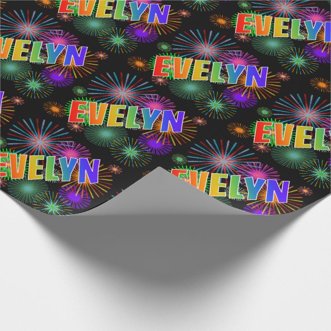 Rainbow First Name "EVELYN" + Fireworks Wrapping Paper (Corner)