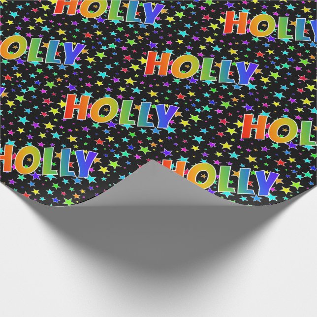 Rainbow First Name "HOLLY" + Stars Wrapping Paper (Corner)