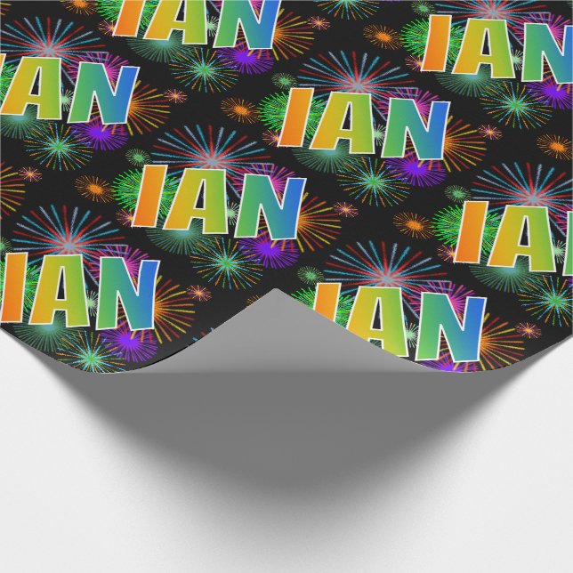 Rainbow First Name "IAN" + Fireworks Wrapping Paper (Corner)