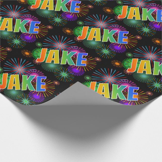 Rainbow First Name "JAKE" + Fireworks Wrapping Paper (Corner)