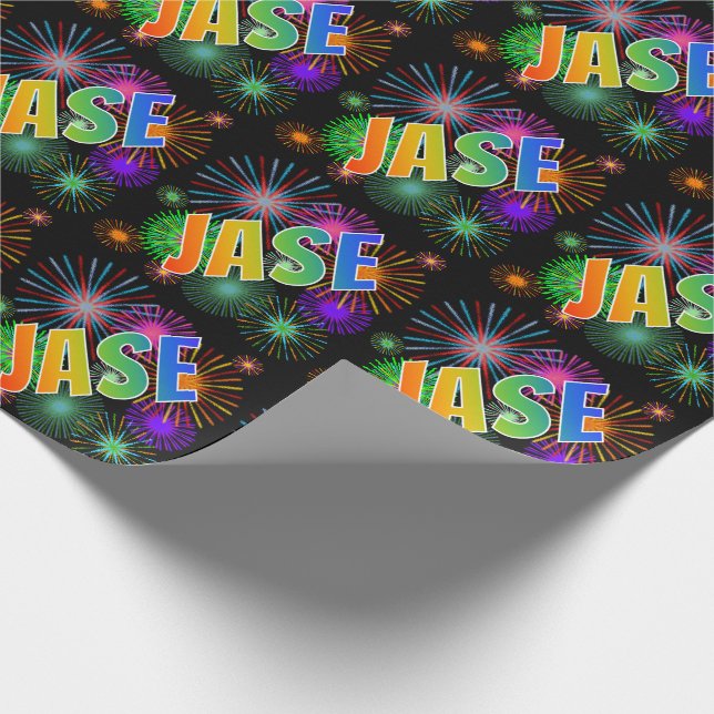 Rainbow First Name "JASE" + Fireworks Wrapping Paper (Corner)