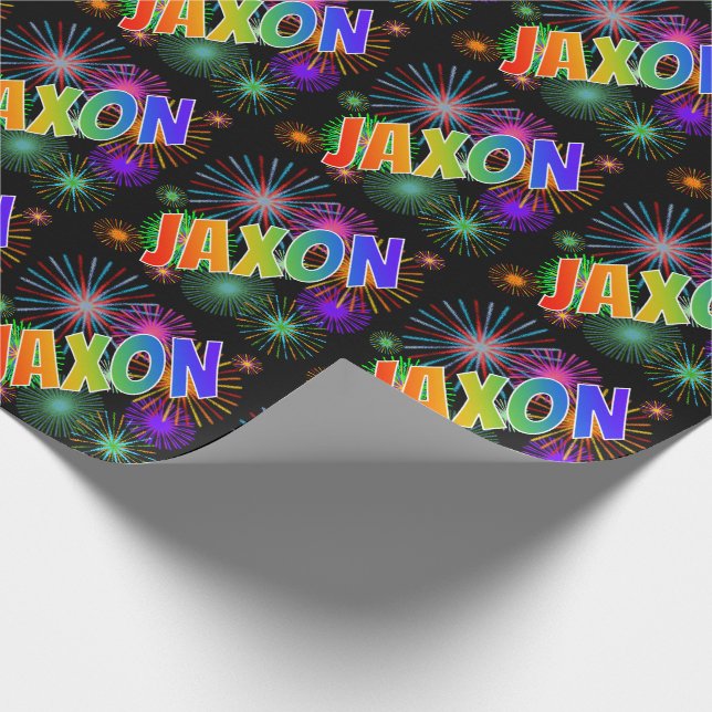 Rainbow First Name "JAXON" + Fireworks Wrapping Paper (Corner)