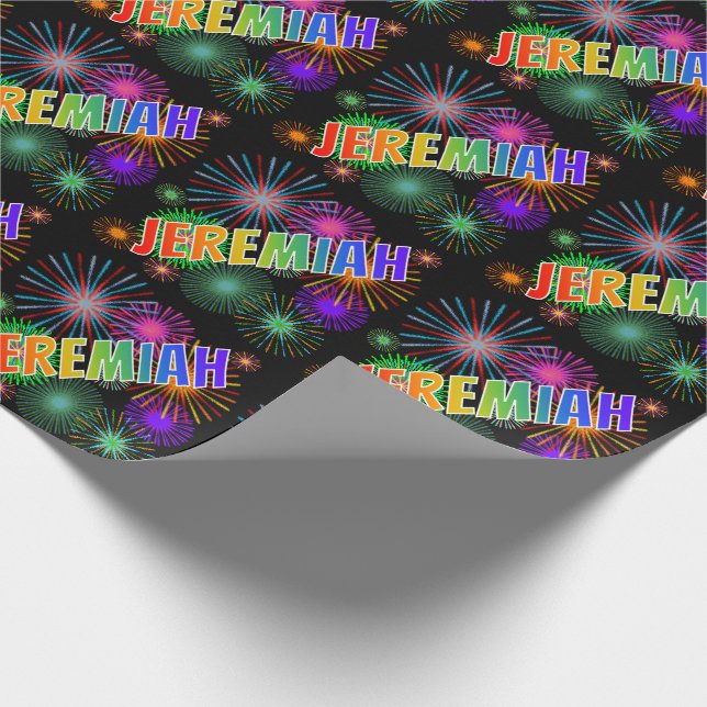 Rainbow First Name "JEREMIAH" + Fireworks Wrapping Paper (Corner)