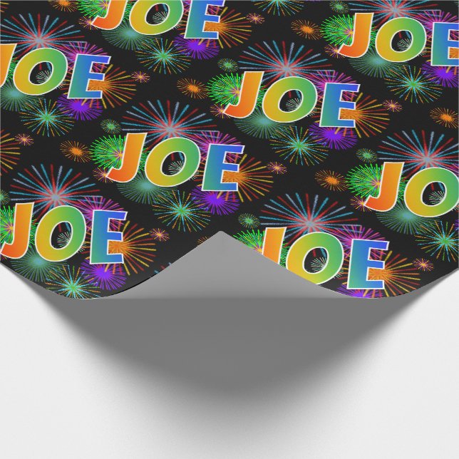 Rainbow First Name "JOE" + Fireworks Wrapping Paper (Corner)