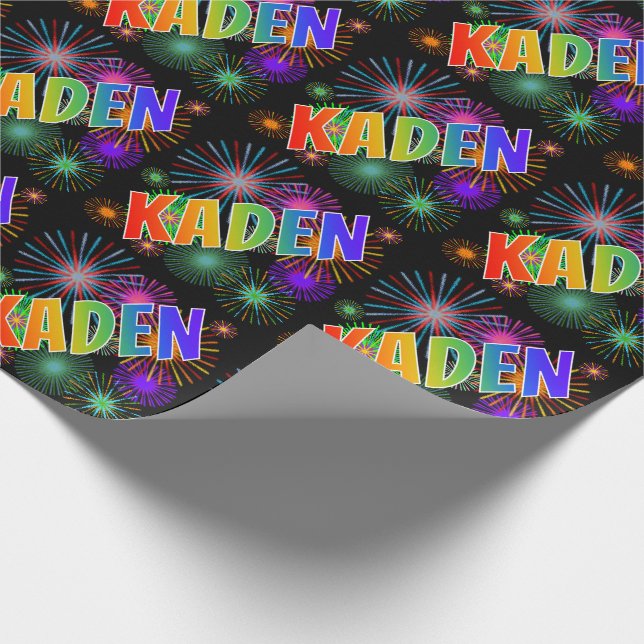 Rainbow First Name "KADEN" + Fireworks Wrapping Paper (Corner)