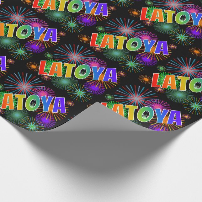 Rainbow First Name "LATOYA" + Fireworks Wrapping Paper (Corner)