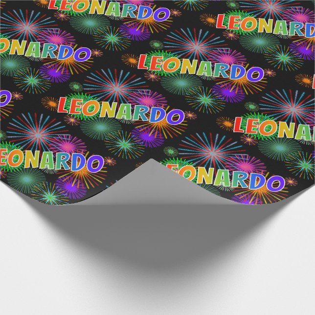 Rainbow First Name "LEONARDO" + Fireworks Wrapping Paper (Corner)