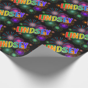 Rainbow First Name "LINDSEY" + Fireworks Wrapping Paper