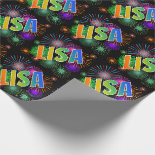 Rainbow First Name "LISA" + Fireworks Wrapping Paper