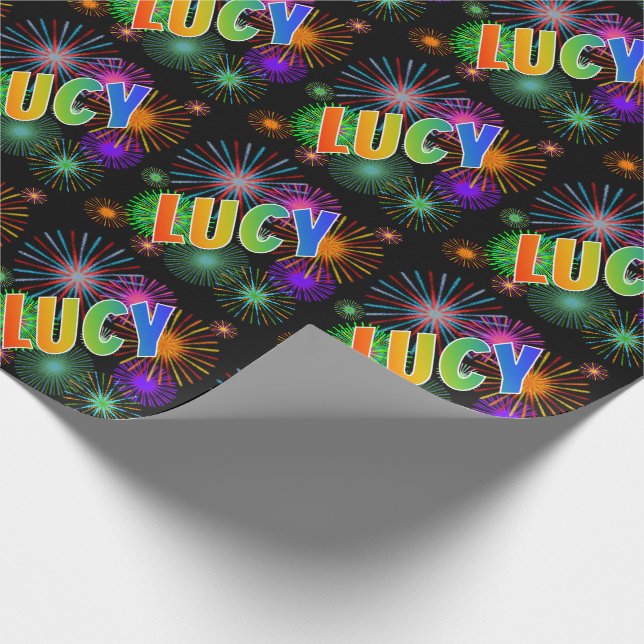 Rainbow First Name "LUCY" + Fireworks Wrapping Paper (Corner)