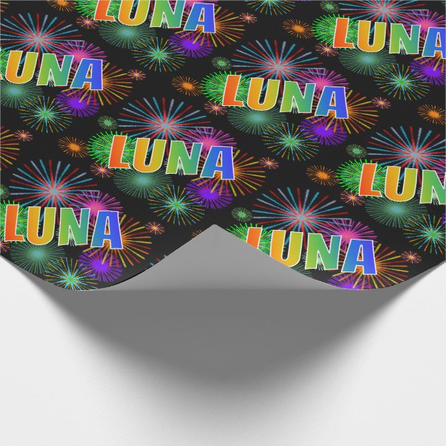 Rainbow First Name "LUNA" + Fireworks Wrapping Paper (Corner)