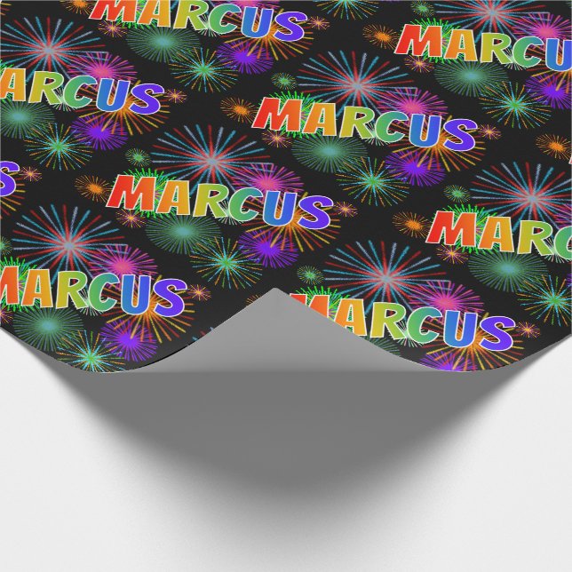 Rainbow First Name "MARCUS" + Fireworks Wrapping Paper (Corner)