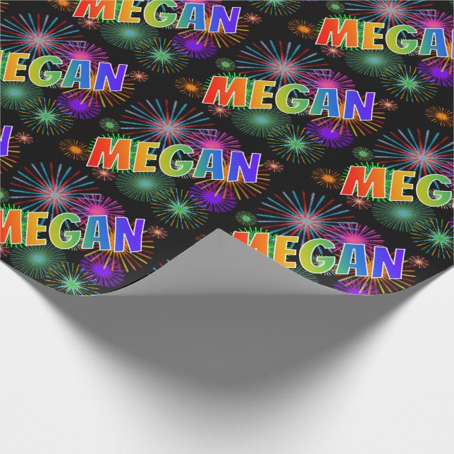 Rainbow First Name "MEGAN" + Fireworks Wrapping Paper (Corner)