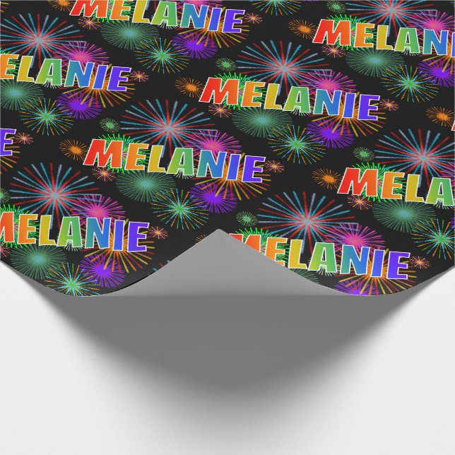 Rainbow First Name "MELANIE" + Fireworks Wrapping Paper (Corner)