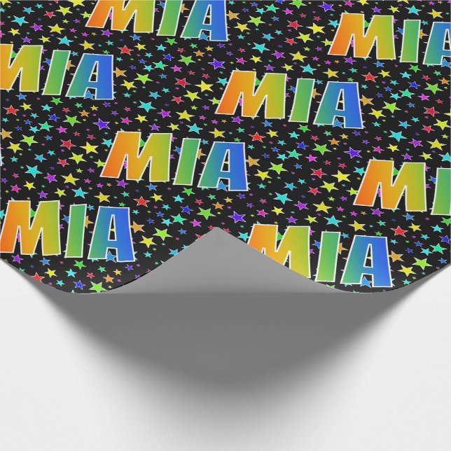 Rainbow First Name "MIA" + Stars Wrapping Paper (Corner)