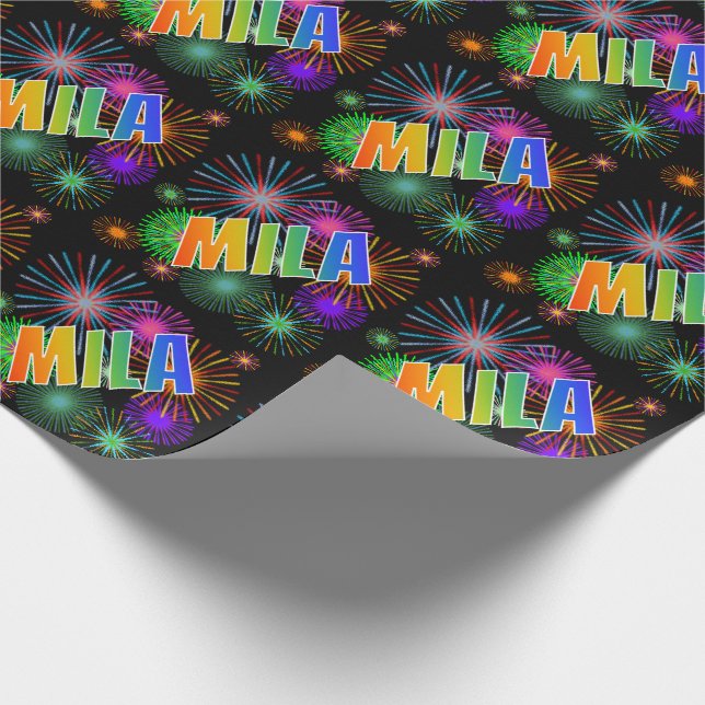 Rainbow First Name "MILA" + Fireworks Wrapping Paper (Corner)