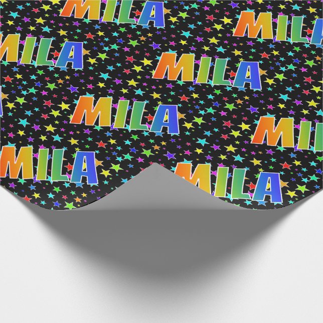 Rainbow First Name "MILA" + Stars Wrapping Paper (Corner)