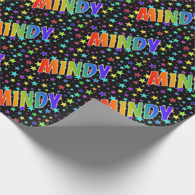 Rainbow First Name "MINDY" + Stars Wrapping Paper (Corner)