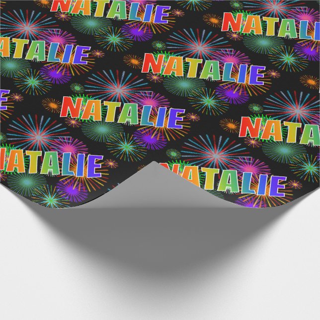 Rainbow First Name "NATALIE" + Fireworks Wrapping Paper (Corner)