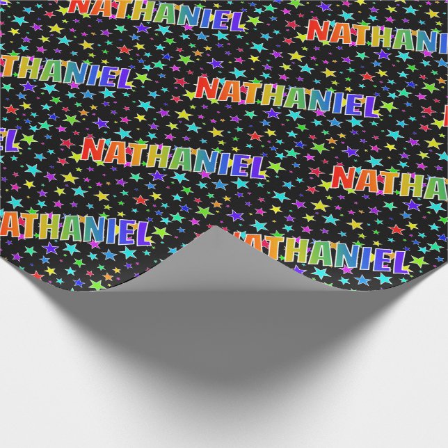 Rainbow First Name "NATHANIEL" + Stars Wrapping Paper (Corner)